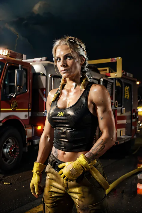 female firefighter, 25 years, blonde, braided hair, yellow firefighter helmet, black tank top, tattoos, firefighting gear, fire kit, sweaty, dirty, smudgy, tired, toned body, abs, concerned facial expression, standing in front of a red firetruck, candid sh...