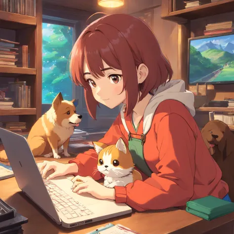 Anime girl sitting at desk，Holding a laptop and a dog, Digital Art Ilyakbinov, digital anime illustration, artgerm and atey ghailan, Guviz-style artwork, by Atey Ghailan, cyril rolando and goro fujita, digital anime art, procreate illustration, adorable di...