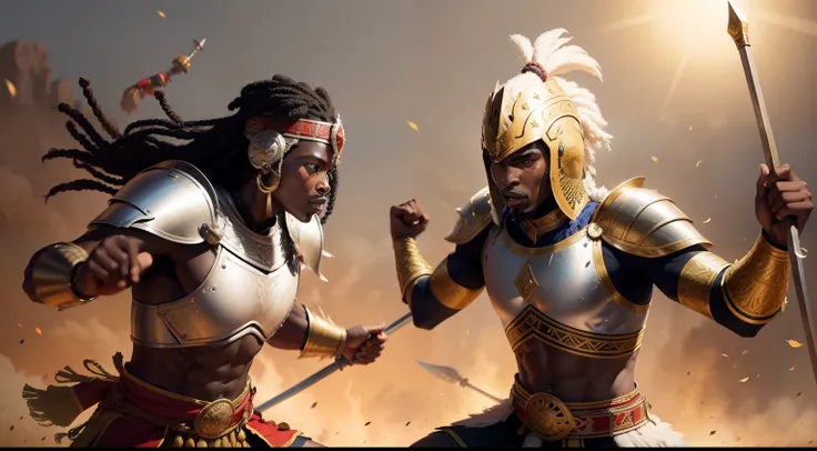 African warriors in battle attire: Create a series of illustrations showcasing different African warriors wearing traditional battle attire, such as intricate armor, shields, and spears. Capture the diversity of African cultures and their unique fighting s...