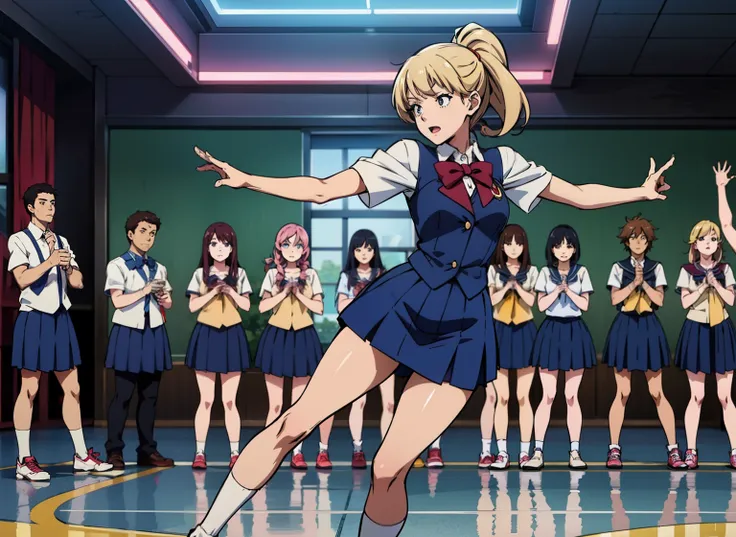 Anime scene, 1girl, highschool girl, dancing in front of the school