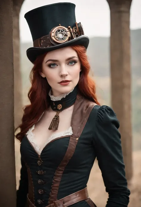 ((steampunk women:1.4)), around 18 years old, red hair, Distinctive green eyes, Wearing steampunk top hat, slender and graceful,, Beautiful, Candlelight in victorian age atmosphere, Ultra Sharp Focus, realistic shot, Womens clothing in the Middle Ages, Tet...