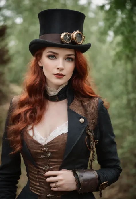 ((steampunk women:1.4)), around 18 years old, red hair, Distinctive green eyes, Wearing steampunk top hat, slender and graceful,, Beautiful, Candlelight in victorian age atmosphere, Ultra Sharp Focus, realistic shot, Womens clothing in the Middle Ages, Tet...