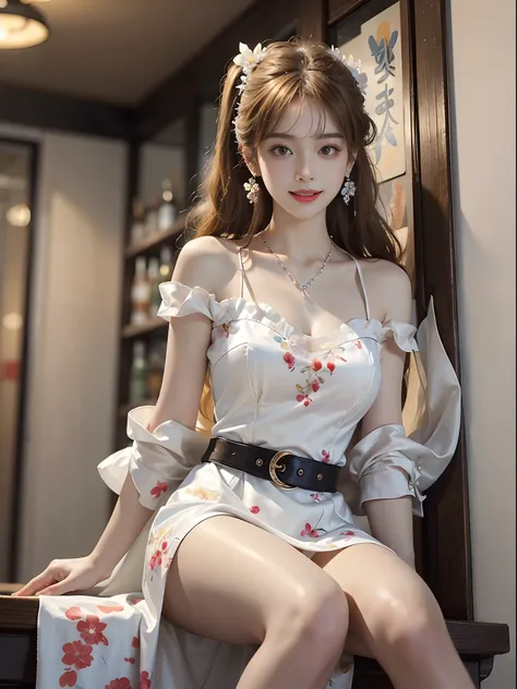 ((full body)), ((from below)), ((realistic)), 1 Korean female model, A young girl, (in a pub, Sit Pose, Cross ed leg, Leaning against the bar), Pleasing posture, Eye-catching poses, Nice long legs, Detailed scenes, curlies, Air bangs, Beautiful hair access...