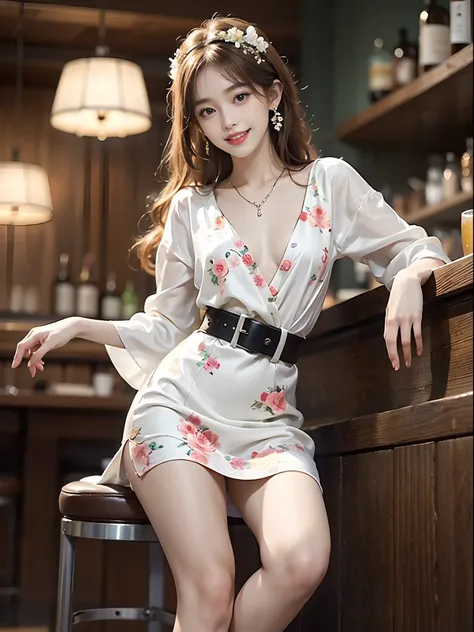 ((full body)), ((from below)), ((realistic)), 1 Korean female model, A young girl, (in a pub, Sit Pose, Cross ed leg, Leaning against the bar), Pleasing posture, Eye-catching poses, Nice long legs, Detailed scenes, curlies, Air bangs, Beautiful hair access...