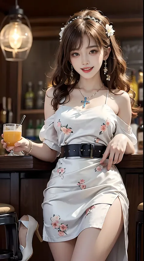 ((full body)), ((from below)), ((realistic)), 1 Korean female model, A young girl, (in a pub, Stand up, Cross ed leg, Leaning against the bar), Pleasing posture, Eye-catching poses, Nice long legs, Detailed scenes, curlies, Air bangs, Beautiful hair access...