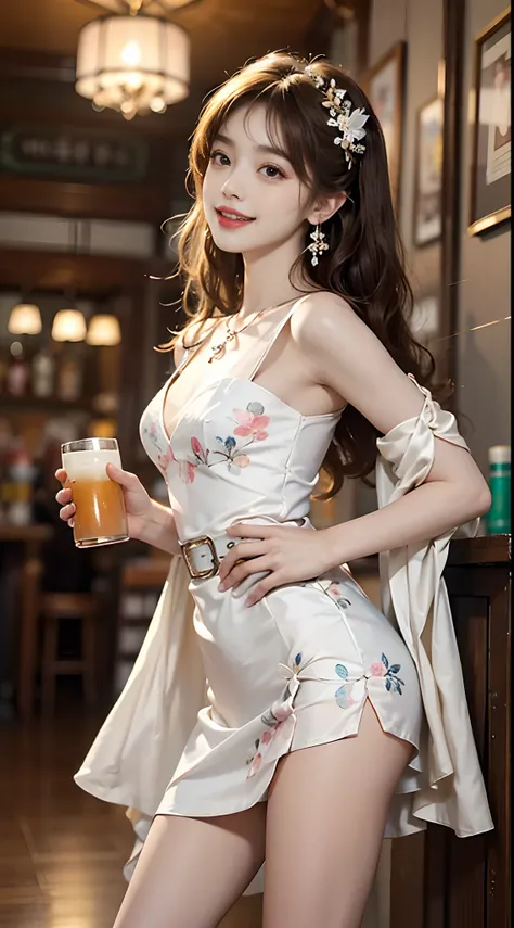 ((full body)), ((from side)), ((realistic)), 1 Asian female model, A young girl, (in a pub, Stand up, Cross ed leg, Leaning against the bar), Pleasing posture, Eye-catching poses, Nice long legs, Detailed scenes, curlies, Air bangs, Beautiful hair accessor...