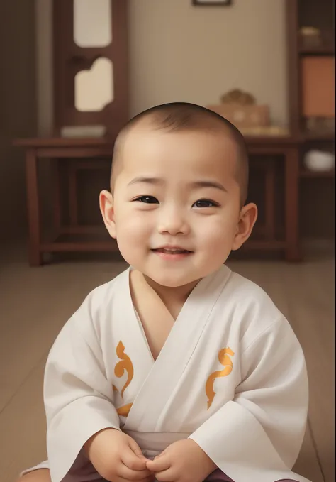 arafed baby sitting on the floor in a traditional outfit, monk clothes, Buddhist, Innocent smile, lovely digital painting, ruan jia beautiful!, aang, portrait shooting, Cute boy, a still of a happy, Yan, buddhist monk, avatar aang, little shy smile, Innoce...