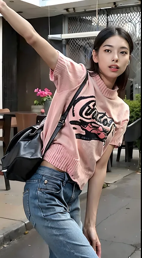 Arad woman posing for photo in pink sweater and jeans, 2 0 2 0 fashion, candid, CGCOSIETY, Pink clothes, Trendy clothes, Casual clothing, Cute casual streetwear, Short sleeves, (in pink), H 576, E-Girl, e - girl, casual clothing style, modern casual clothi...