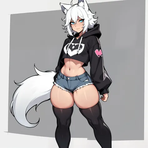 Single boy, Anime Femboy, Short, Long white hair, wolf ears, wolf tail, blue eyes, wearing jean short shorts, thigh high socks, black combat boots, wearing cropped black hoodie, flat chest, super flat chest, solo femboy, only one femboy ((FLAT CHEST)), wid...