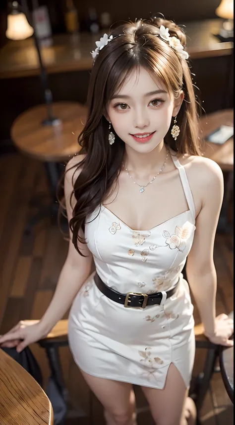 ((full body)), ((from above)), ((realistic)), 1 Asian female model, A young girl, (in a pub, Stand up, Cross ed leg, Leaning against the bar), Pleasing posture, Eye-catching poses, Nice long legs, Detailed scenes, curlies, Air bangs, Beautiful hair accesso...