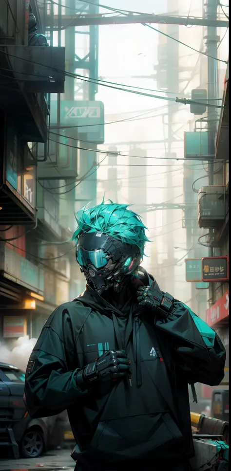 There was a boy wearing a mask and a black hoodie，With a knife in his hand, Hyper-realistic cyberpunk style，Digital cyberpunk anime style，cyan colors