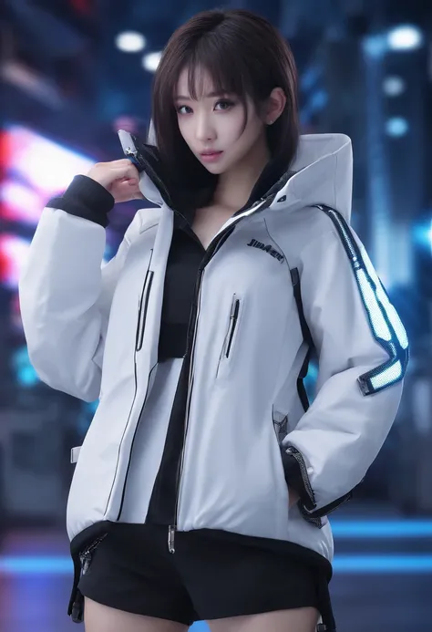 ((of the highest quality, 8K,RAW photo)), (Realistic, Photorealistic: 1.37), (Face focus: 1.1), Small breasts, Flat chest, Long hairs, A Japanese lady、18yr old、Japanese idol system、(White sports storm jacket: 1.1)、short  skirt, standing on your feet, Front...