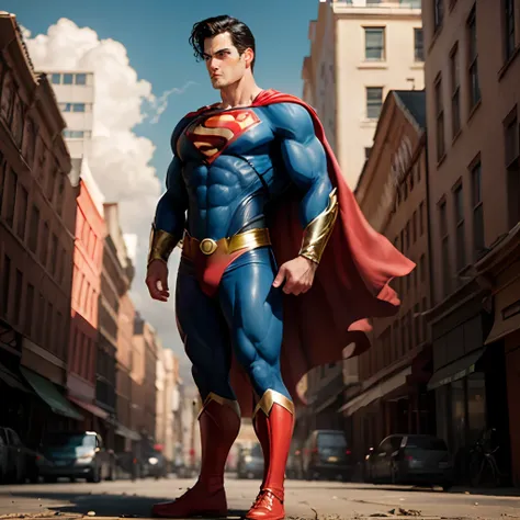 superman , with superman suit, standing , and looking to right side, muscular