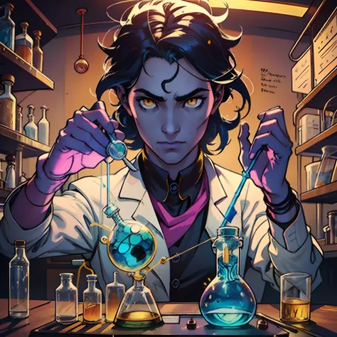 cabello de color cafe.  Yellow eyes Arafed boy in a lab coat doing a scientific experiment, Mad scientist at work, he is in a alchemist lab, Experimento en laboratorio, mad scientist, Experimentando en su laboratorio de ciencias, Antecedentes de Magic Lab,...