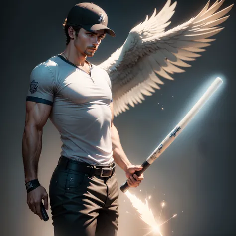 Anjo com asas, Holding a baseball bat, (8k, melhor quelidade), personagem masculino e com roupas estilo guerreiros arcanjos, Uplighting, estilo fantasia