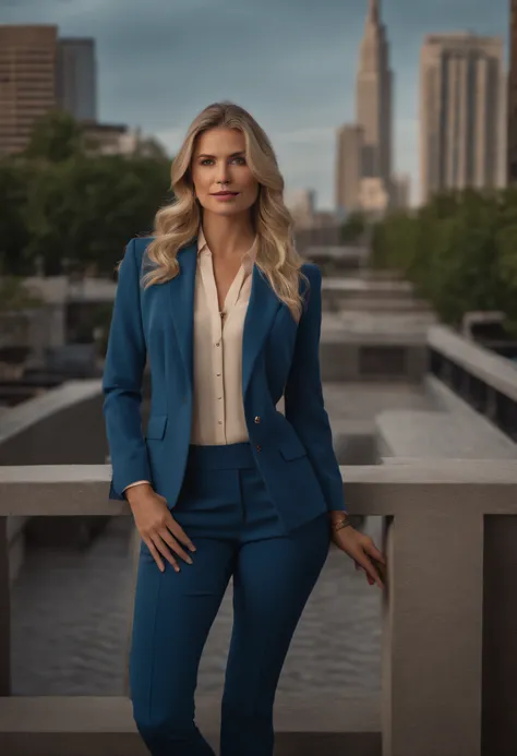 full body shot of blonde blue eyed woman in a blue blazer and beige business pants standing in front of a desk, business clothes, panoramic view of city, Raw photo, highly detailed skin ,8K UHD, dslr, soft lighting, high quality, film grain, Fujifilm XT3.