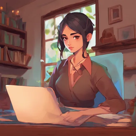 Woman sitting at desk，Holding a laptop and a dog, Digital Art Ilyakbinov, digital anime illustration, artgerm and atey ghailan, Guviz-style artwork, by Atey Ghailan, cyril rolando and goro fujita, digital anime art, procreate illustration, adorable digital...