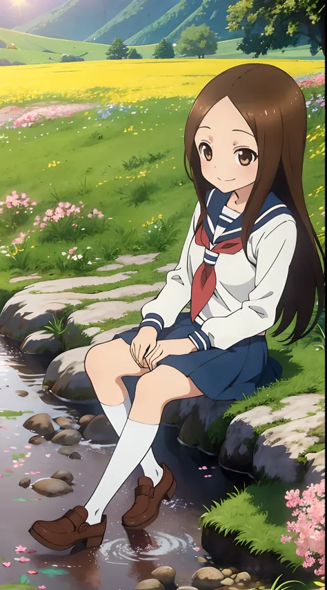 (Realistic),(Photorealistic),Takagi_San, 1girl in, Long hair,((White School Shirt)), Brown hair, Part bangs, Brown eyes, white serafuku, Sailor collar, red neckerchief, Short skirt, Long sleeves, Forehead, Black socks, brown shoes, Smile, Looking at Viewer...