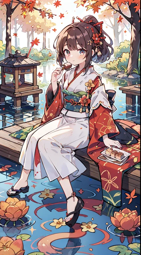 A beautiful moonlit night. A Japanese garden with impressive red autumn leaves and a pond with floating foliage. A woman in kimono eating tea sweets on the porch overlooking the garden. She has a beautiful face and brightly colored shining eyes. She is wea...