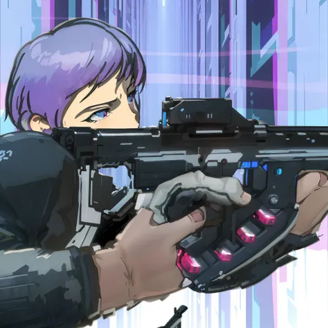 Anime character with gun on purple background, ghost in the shell art style, Ghost in the Shell style, modern cyberpunk anime, trigger anime art style, cyberspace cowboy, Digital Cyberpunk Anime Art, anime cyberpunk, Ghosts in the color scheme of the shell...