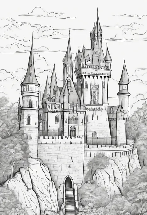 Line drawing,color no,Coloring book for kids,White background,Clear black lines isolated on white background，Halloween，Dracula、Castles