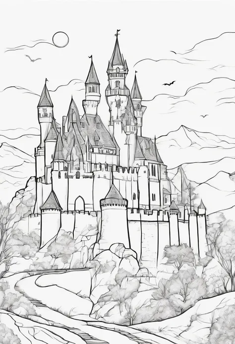 Line drawing,color no,Coloring book for kids,White background,Clear black lines isolated on white background，Halloween，Dracula、Castles