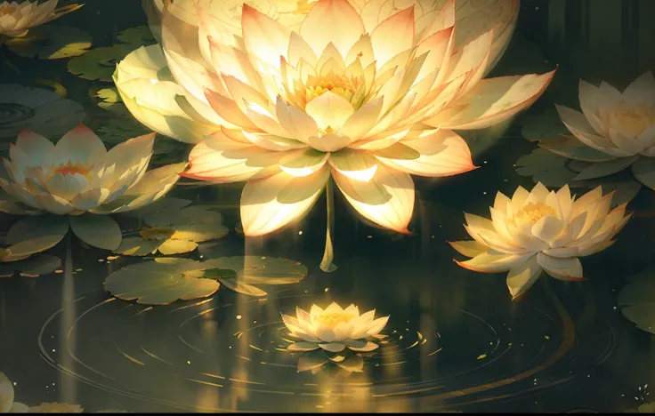 There is a white flower on the green leaves, lotus petals, centered in picture, draped with water and spines,, lotus flower, lily pad,, floating in a powerful zen state, Lotus,, portrait centered, lotuses，Fantasy style（Chinese watercolor style, Chinese pai...