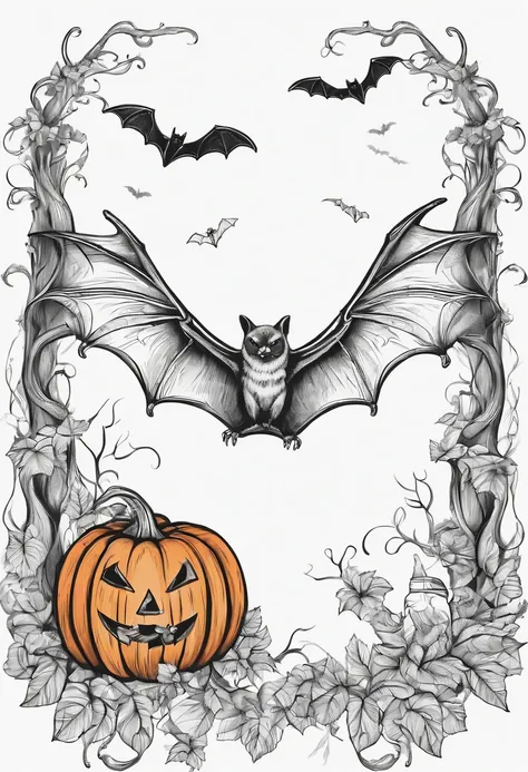 Line drawing,color no,Coloring book for kids,White background,Clear black lines isolated on white background，Halloween，batt、the bats