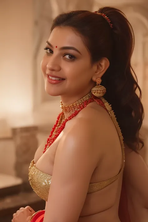 day scene, close up photo of a sexy indian queen, posing in a palace, big cheeks, super stylish red saree with wide open breasts...