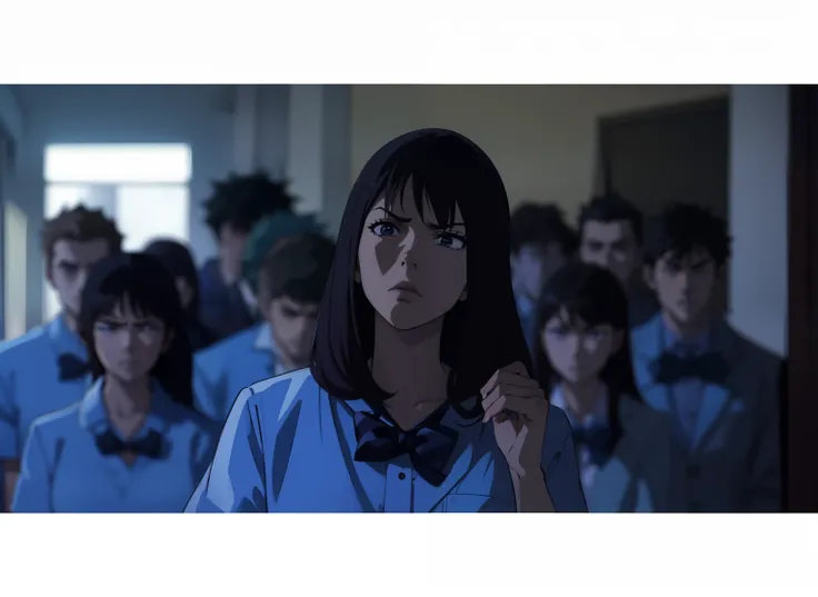 Anime scene, 1girl, highschool girl standing serious face