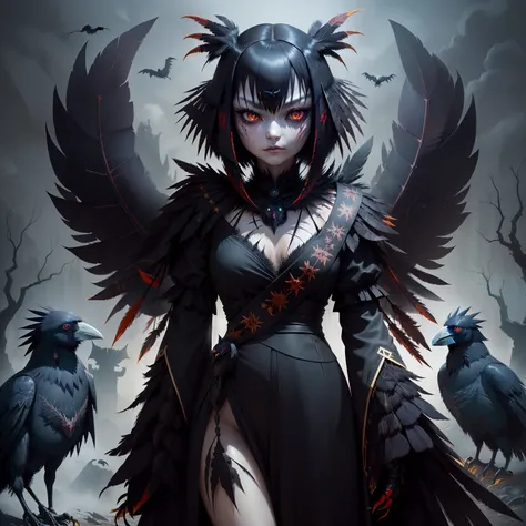 Illustration of a raven monster with glowing eerie red eyes in a dark night、A monster that combines creepiness and beauty、(femele:0.3| crows:1.8)、(Body wrapped in crow feathers:1.5)、On the back are large crow wings,、Woman with a beak like a crow、sharp claw...