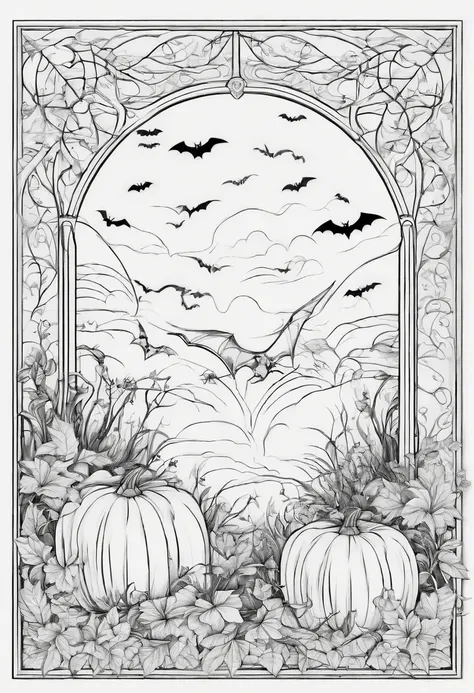 Line drawing,color no,Coloring book for kids,White background,Clear black lines isolated on white background，Halloween，batt、the bats