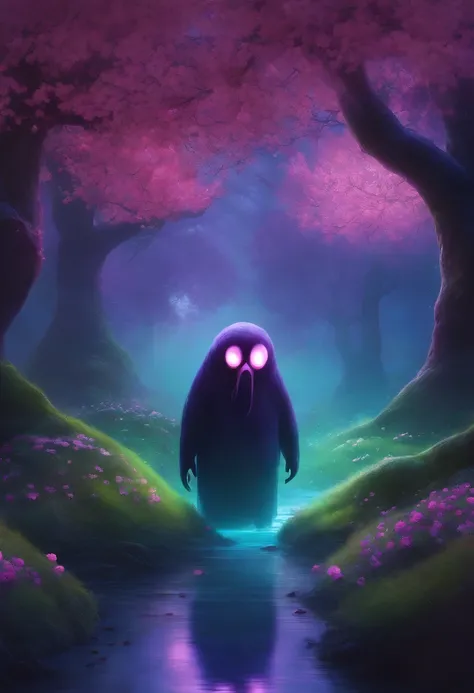 NOFACE from spirited away faceing off with giant fluro ultraviolet and pink glowing coloured strange mutantslothmonster with red and green tentacles coming out ov its face boss monster with mini cherry blossom trees and blue willow trees and floating blue ...