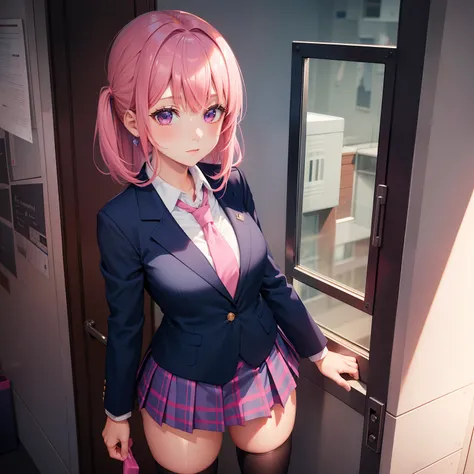 High School Girl, Dark blue blazer, Shocking pink super mini skirt, Pink tie, knee high socks, Pink hair, School Classroom, Looking at the viewer, Front view