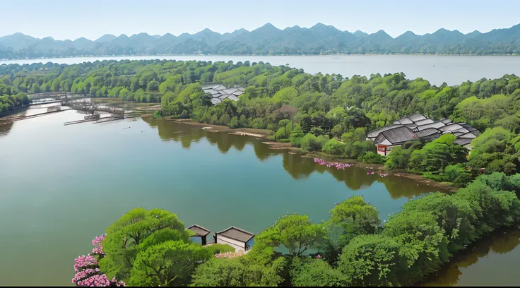 Beautiful scenery of Jiangnan water town, sunny day, real photo sense, ultra-high definition, houses and trees, lake water is crystal clear, 8k, ultra-wide angle, close-up, ultra-clear