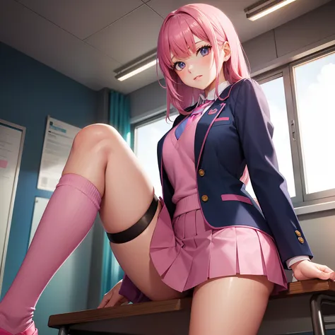 High School Girl, Dark blue blazer, Shocking pink super mini skirt, Pink tie, knee high socks, Pink hair, School Classroom, Looking at the viewer, Front view