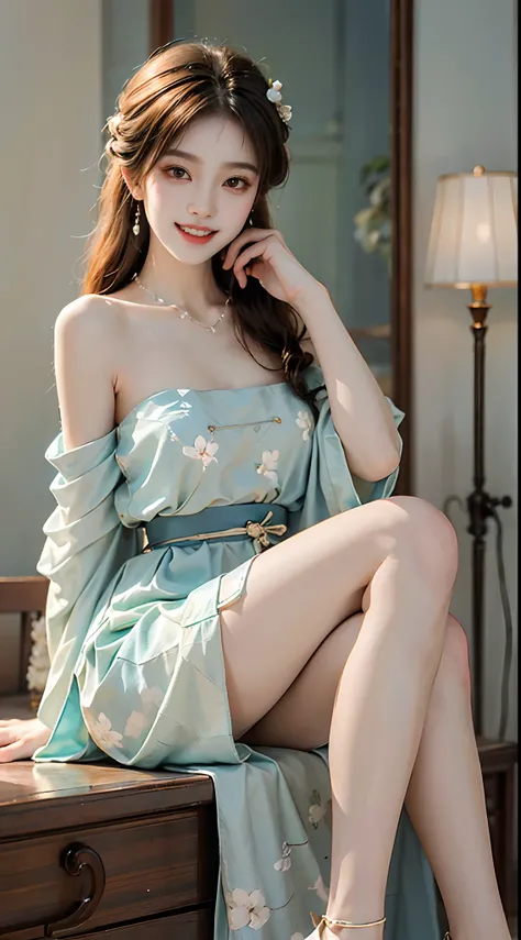 ((full body)), ((from below)), ((realistic)), 1 Asian female model, A young girl, (Being in the room, Sit Pose, Cross ed leg, Leaning against the dresser), Pleasing posture, Eye-catching poses, Nice long legs, Detailed scenes, Coiled hair, Hairpins, Beauti...