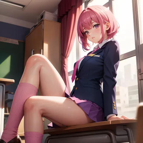 High School Girl, Dark blue blazer, Shocking pink super mini skirt, Pink tie, knee high socks, Pink hair, School Classroom, Looking at the viewer, Front view