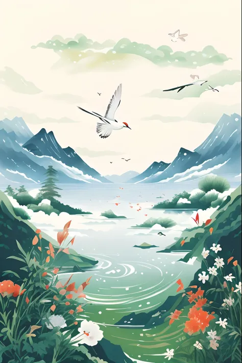 there are two birds flying over a lake in the mountains, a beautiful artwork illustration, japanese style painting, chinese painting style, serene illustration, japanese crane bird in center, chinese watercolor style, chinese style painting, scenery artwor...