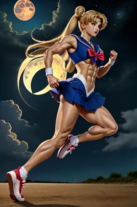 Dark background, (((Jogging alone))), Bend your elbows, hold fists, Running along the seaside, Starry sky, ((Super Blue Moon)), (((Sailor Moon))), Tsukino Usagi, Gentle and pretty face, Serious expression, ((Looking Ahead)), (a blond, Twin-tailed hair), ((...