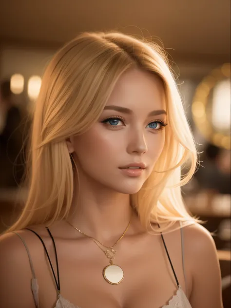 A photo of a blonde beauty , Stunning woman in a café, Beleuchtung, Pending