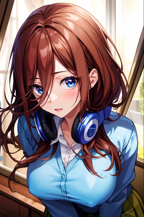 absurdres, best quality, 1girl, solo, eye focus, looking at viewer, Miku, Blue Cardigan, brown hair