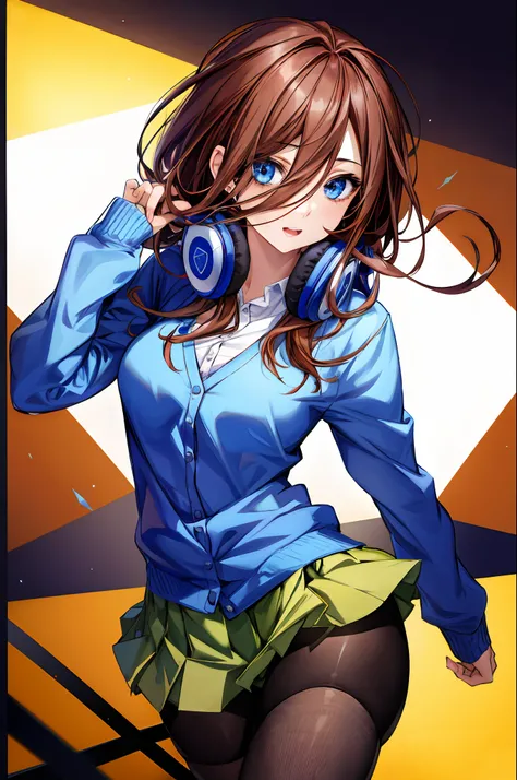 absurdres, best quality, 1girl, solo, eye focus, looking at viewer, Miku, Blue Cardigan, brown hair