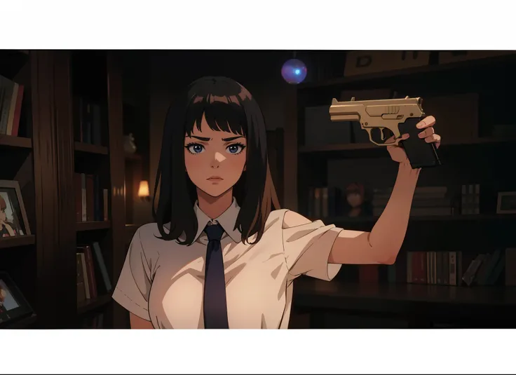 Anime scene, 1girl, highschool girl holding a gun to her head, boring face, bangs hair style