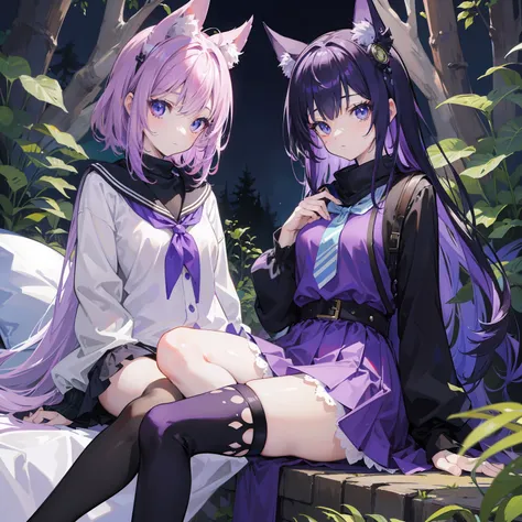 ((Best Quality)), ((masutepiece)), ((Ultra-detailed)), (Illustration), (Detailed light), (extremely delicate and beautiful),a beauty girl,About One Piece、Bob Hair、Bright blue eyes、Black miniskirt、Black and purple striped knee socks、Bright purple hair、Longh...