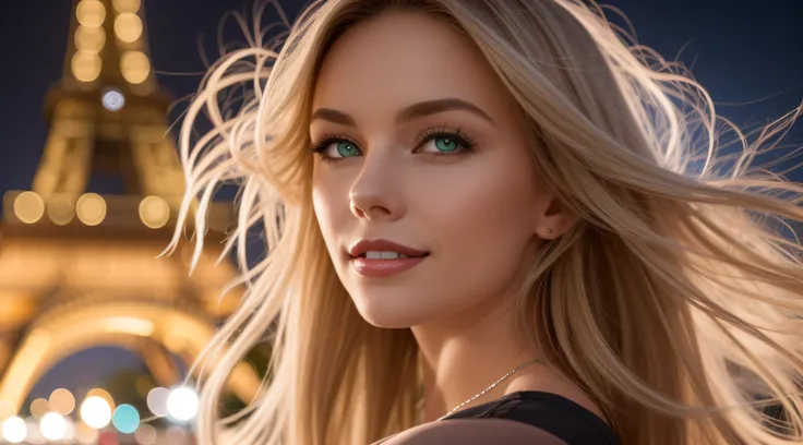 A young and beautiful woman, blondes Haar, that gently falls in waves up to the shoulders, medium height, Size, green eyes, helle Haut, It is located in the famous square of the Eiffel Tower, Reduzierte und elegante Kleidung, its on the Champs Élysées, Es ...