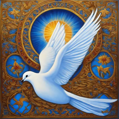 Dove representing holy spirit, fundo azul, descending from the sky, religión, estilo pintura, luzes