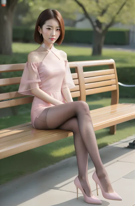 beautiful chinese woman sitting on bench,  dress tightly, slim and transparent，off-the-shoulder attire，low chest，legs straight，v...