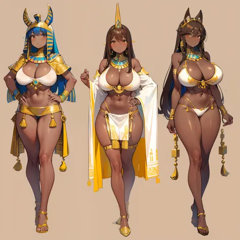 stand posture，Full body like，Egyptian pharaoh，gigantic cleavage breasts，Brown skin，Blank background，Lift one foot