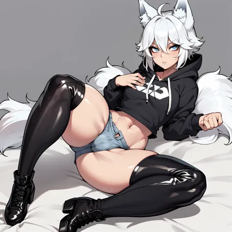 Single boy, Anime Femboy, Short, Long white hair, wolf ears, wolf tail, blue eyes, wearing jean short shorts, thigh high socks, black combat boots, wearing cropped black hoodie, flat chest, super flat chest, solo femboy, only one femboy ((FLAT CHEST)), wid...